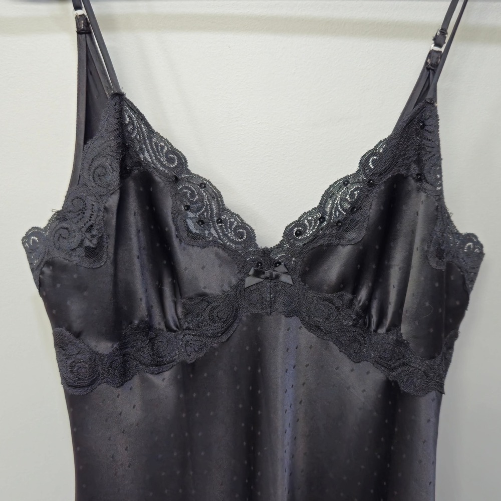 Vintage Linea Donatella Maxi Nightgown Medium Black Babydoll Satin Lace Romantic - Picture 5 of 9